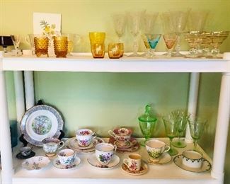 Fostoria Arcady etched goblets, colored aperitif glasses, cups & saucers, green Depression glass goblets & jar