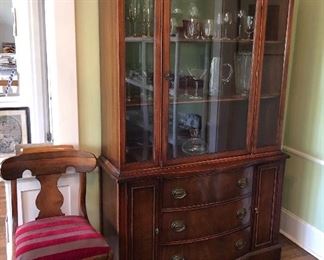 Vintage mahogany china cabinet  (44”W, 17”D, 72”H) + one of a pair of antique chairs