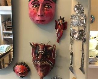 Mexican masks, tin pieces & carvings 