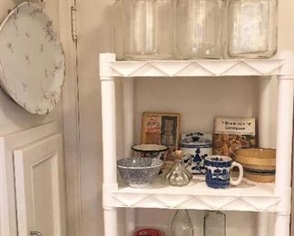 Big glass jars, Haviland platter, cookbooks, Willow Ware mug, glass reamer, Pyrex M-640 measuring cup & more