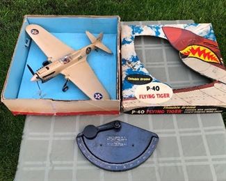 Thimble Drome P-40 Flying Tiger model plane with original box, 1942 U.S. Navy ship clinometer