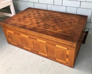 Awesome old handmade trunk (chest) with marquetry designs & hinged lid. 21”D, 12”H, 38” long including handles