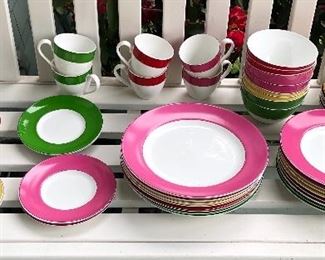 Kate Spade Gramercy Park Collection dishes by Lenox. Service for 8 = 48 pieces total. Includes 2 of each color (pink, red, yellow & green) of dinner, salad & bread plates, cereal bowls + cups & saucers 