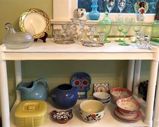 Covered chicken dish, green Depression glass goblets & jar, blue ball pitcher, Hall for Hotpoint yellow fridge dish w/ lid, pink Japanese cat bowls