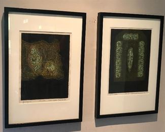Pair of woodblocks by Hiroyuki Tajima - left one is “Guligna” (1970), right one is “Mandala” (1971) Signed & titled in pencil. Image size 9” x 12”, framed size 14.5” x 21”. 