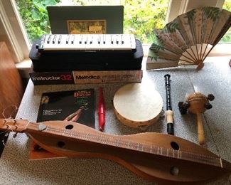 Musical instruments: Hohner Melodica, vintage dulcimer (SOLD), tambourine & recorder
