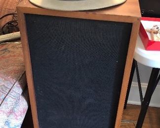 One of a pair of Acoustic Research AR-2ax speakers on stands + Filson hat