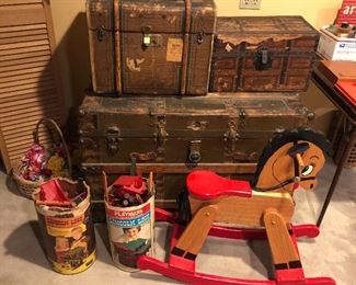 Old trunks, vintage Lincoln Logs, adorable wooden rocking horse