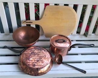 Copper cookware:  Mauviel 12” skillet, Douro mixing bowl, Villedieu 8” sauce pan with lid & ladle (France), wooden pizza peel