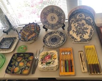 Mexican pottery bowls, Italian plates, blue & white transferware plates