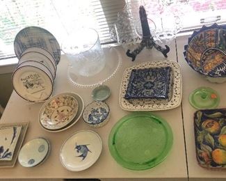 Asian dishes, New Yorker wine cartoon plates, green Depression glass cake plate