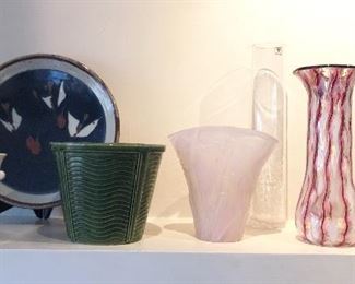 Weller vase, G. Newcomb studio pottery charger, McCoy green planter, pink frosted glass vase w/ grasshoppers, signed art glass vase (L. Hogue), sweet glass decanter