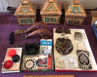 Hand painted Indian boxes (8” tall), vintage belts & Duncan yo-yours,  Sawyer’s View-Master, vintage purses including Whiting & Davis metal mesh, French sunglasses