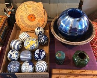 Ceramic carpet balls, Czech mercury glass orb, cloisonne box, vintage cribbage board