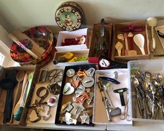 Kitchen utensils, cookie cutters, stainless flatware
