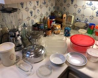 Osterizer Classic chrome blender, Tupperware canister, glass & plastic food storage 