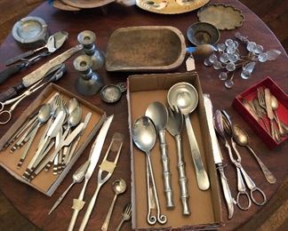 Primitive wooden scoop, salad servers, Gotham silverplate tongs & more
