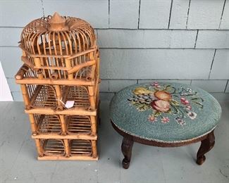 Wicker “pagoda” wine rack (24” tall), vintage needlepoint foot stool
