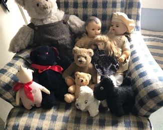 Armchair with vintage dolls & stuffed animals