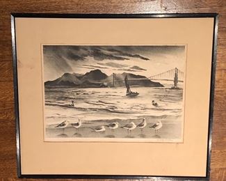 “Golden Gate”, lithograph by Adolf Dehn (1895-1968), image size 9” x 13.5”, pencil signature lower right + Associated American Artists label on the back (AS FOUND - has some stains & foxing)
