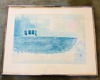 Watercolor on paper by Art Messer, Seattle/Madison Park artist (1949-2014), signed lower right, framed size 27” x 34” (crack in glass at top left)