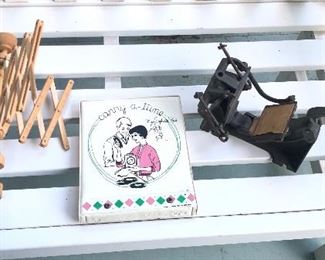 Fun last minute finds in the basement: Swedish mini drying rack, 45rpm record case, old cast iron letterpress by Junior Press Co. 