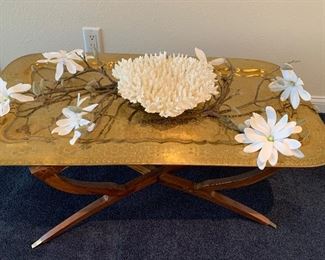 we have 2 brass trays, we have two pieces of coral - white & orange