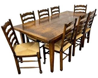 Solid Oak Wood Farmhouse Dining Table & 8 Woven Rush Seat Laddrback Chairs- 7 Ft & Extends to 10 Ft Long!
