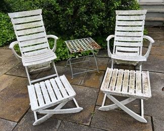 Pair of Collapsable Outdoor Wood Reclining Chairs, with Footrests & Steel end table