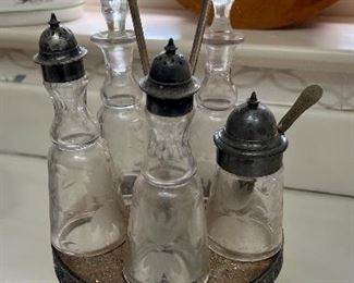 Antique condiment tray with glass service