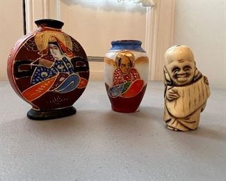 2 Japanese urns & bone figurine