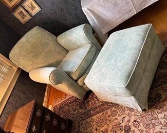 Lee Industries His & Hers, Tufted Green Arm Chairs with Floral Motif, with Single Ottoman