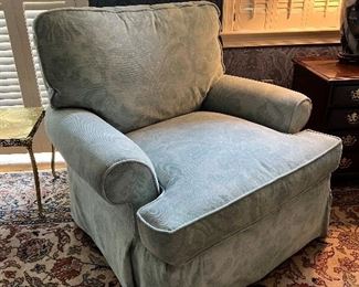 Lee Industries His & Hers, Tufted Green Arm Chairs with Floral Motif, with Single Ottoman