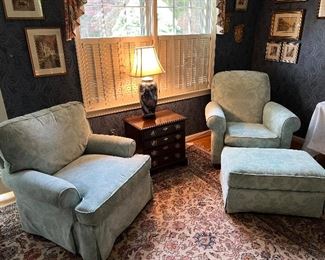 Lee Industries His & Hers, Tufted Green Arm Chairs with Floral Motif, with Single Ottoman