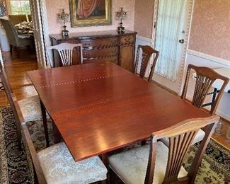 Double Drop-Leaf Dining Table with 6 Dining Chairs Upholstered by De Varis of Alexandria

