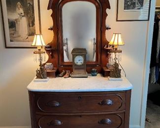 Antique 3-Drawer Vanity Dresser with Swiveling Mirror and White Marble Top