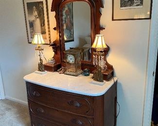 Antique 3-Drawer Vanity Dresser with Swiveling Mirror and White Marble Top