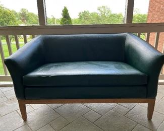 Forrest Green Naugahyde Love Seat with Wooden Base

