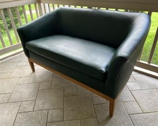 Forrest Green Naugahyde Love Seat with Wooden Base

