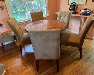 Round Marble 45"D x 30"H&nbsp;Dining Table & 6 Crate & Barrel Mid-High Back Cushioned Dining Chairs