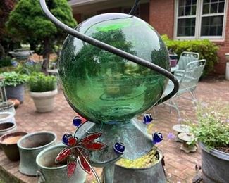 Glass globe with iron metal stand lawn ornament