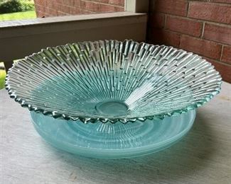 Green glass bowl with green glass pot