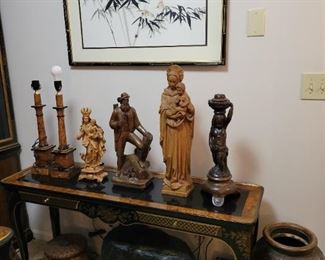 Italy Burl Lamps, Carved Wood Statue Mother Mary, Black Forest German Wood Sculpture, Chinese bird and bamboo water color