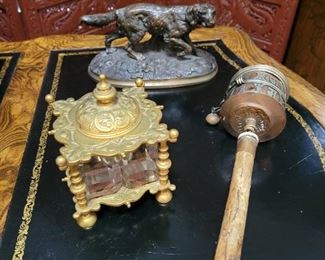 Bronze dog sculpture, Antique dore inkwell