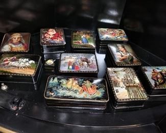 Russian hand painted signed black lacquer box collection