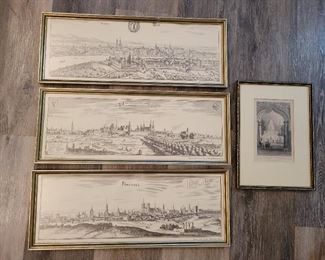 Repro engravings of maps Brussels, Basel, Berlin by Matthaeus Merian, 