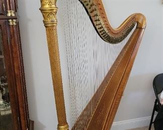 Antique Lyon & Healy Concert Harp No. 3069 Chicago -gilt and burl full size with stage case