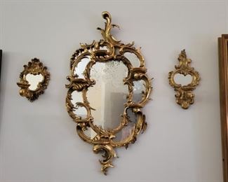 Antique 1700's French Gilt Ornate Wall Mirror and Wall Sconces 