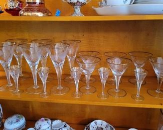 Moser Paula Crystal Gold Rim Etched Floral Goblets 