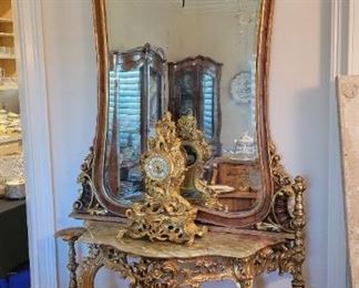 Antique Gilded French Console, Antique Italian Gilded Mirror 18th Century